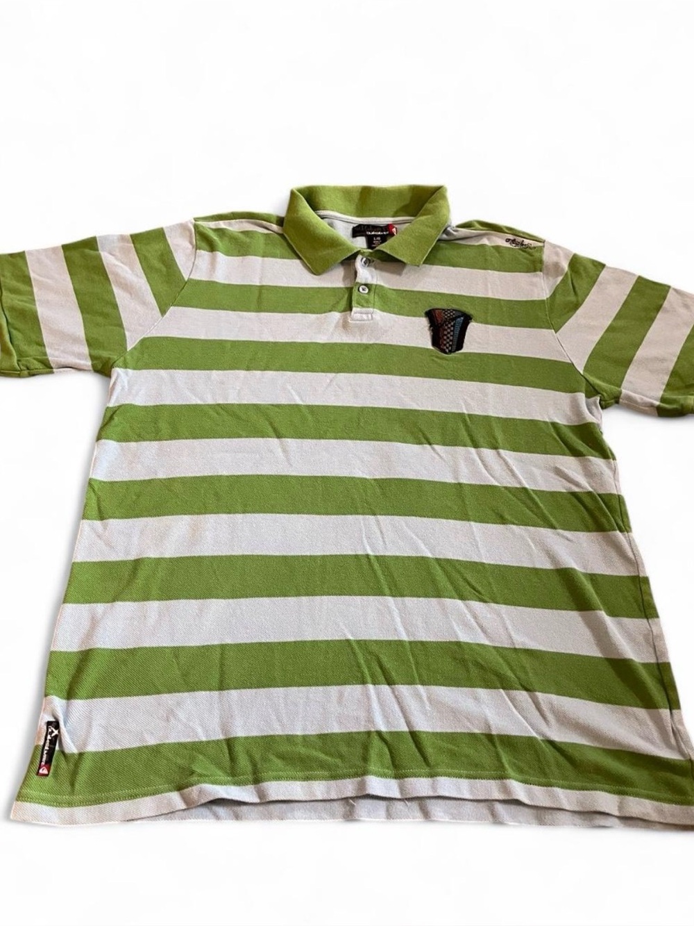 Men’s Vintage Quiksilver Striped Green/Blue Polo Embrodiered Shirt  Size L